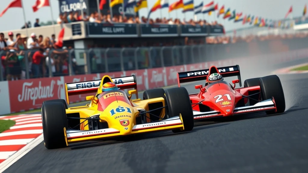 Une scène de course de Formule 1 avec deux voitures légendaires en compétition.