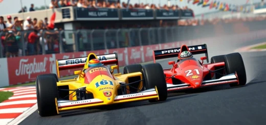 Une scène de course de Formule 1 avec deux voitures légendaires en compétition.