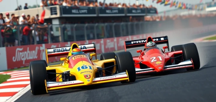 Une scène de course de Formule 1 avec deux voitures légendaires en compétition.