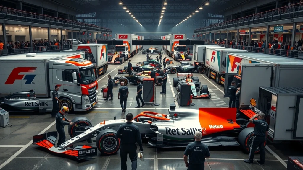Illustration des équipes de Formule 1 en pleine logistique, transport de voitures et équipements.