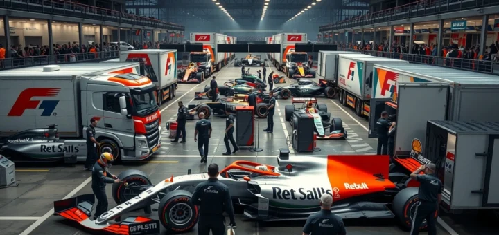 Illustration des équipes de Formule 1 en pleine logistique, transport de voitures et équipements.