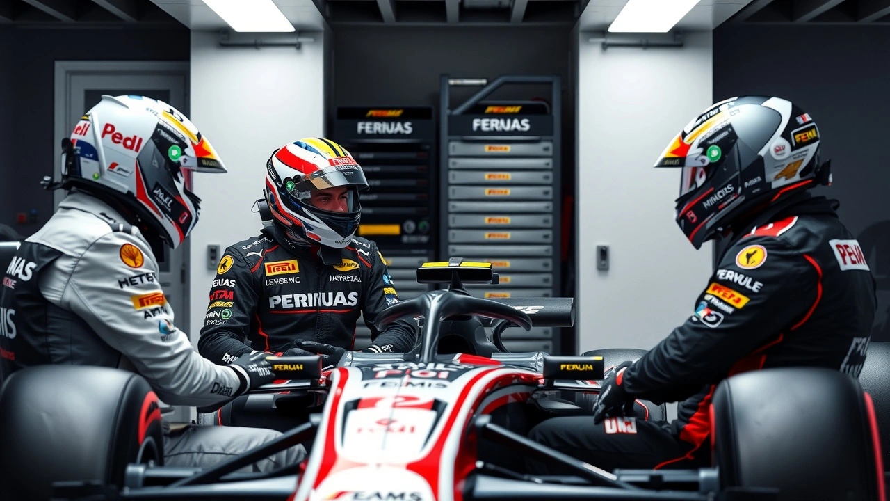 deux pilotes de Formule 1 en réunion d'équipe