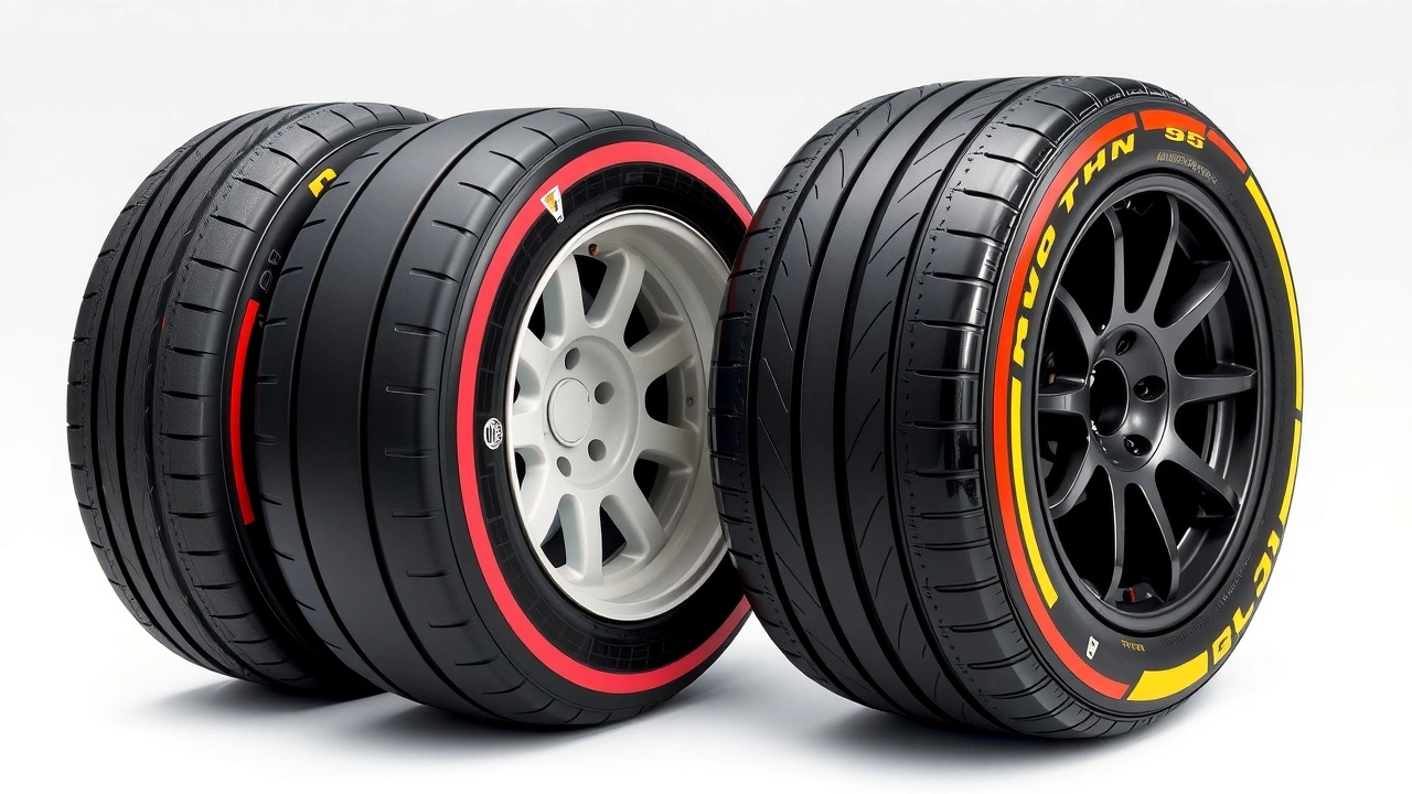 différents types de pneus de Formule 1 alignés