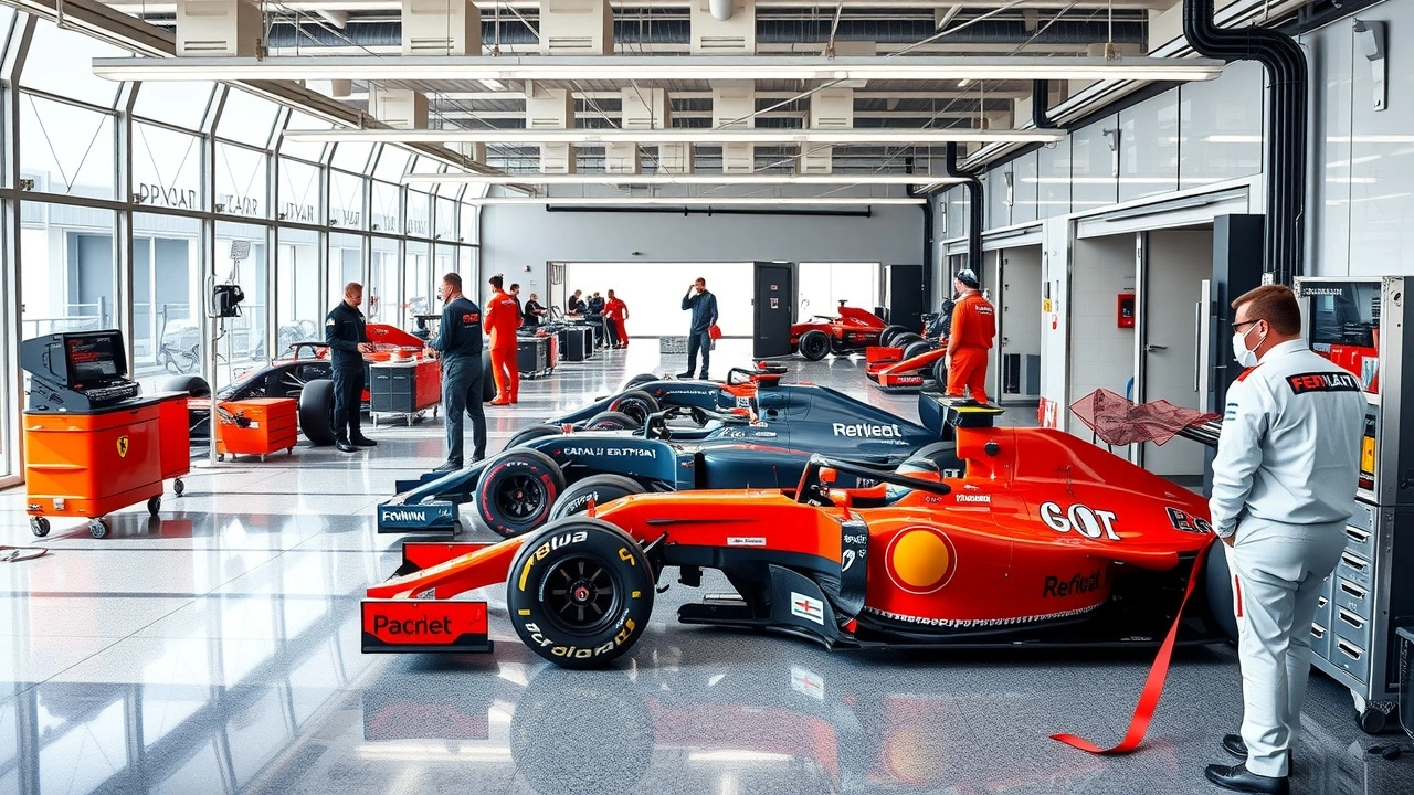 écurie de F1 moderne avec voitures et techniciens