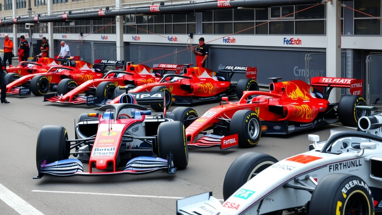 différents bolides de F1 alignés dans un stand