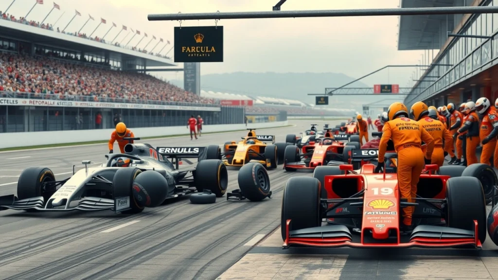 Une scène photoréaliste d'un arrêt aux stands de F1 historique, illustrant des voitures de course innovantes.