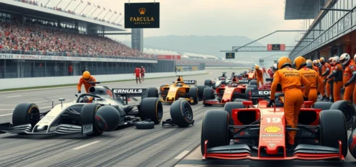Une scène photoréaliste d'un arrêt aux stands de F1 historique, illustrant des voitures de course innovantes.