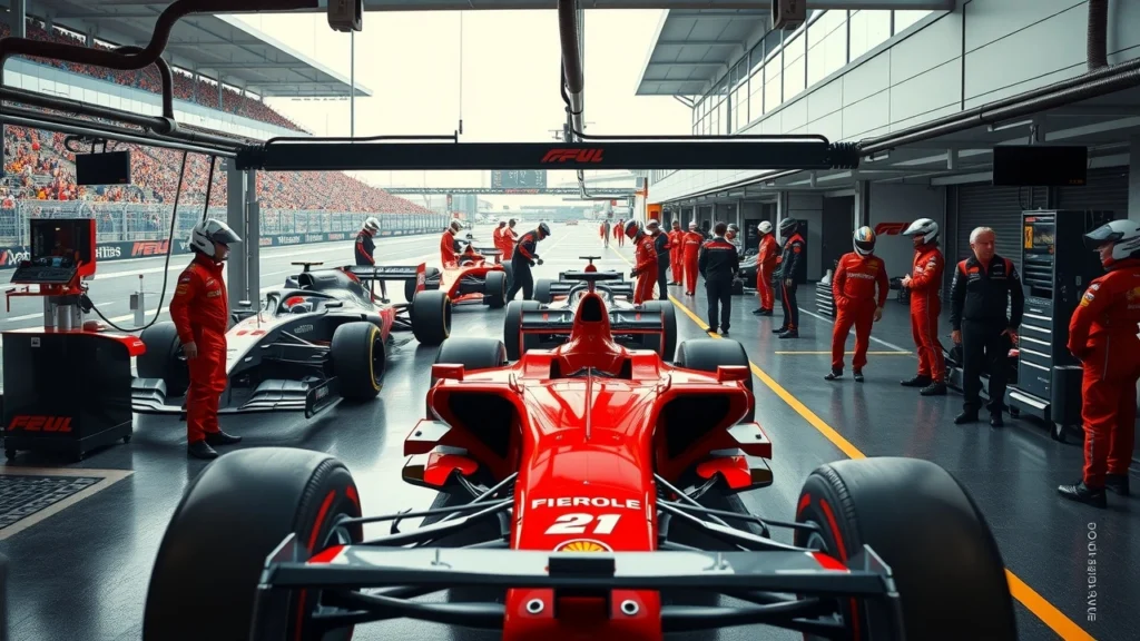 Une illustration photoréaliste des écuries de F1 montrant leur impact sur l'évolution des règles du sport.