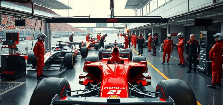 Une illustration photoréaliste des écuries de F1 montrant leur impact sur l'évolution des règles du sport.