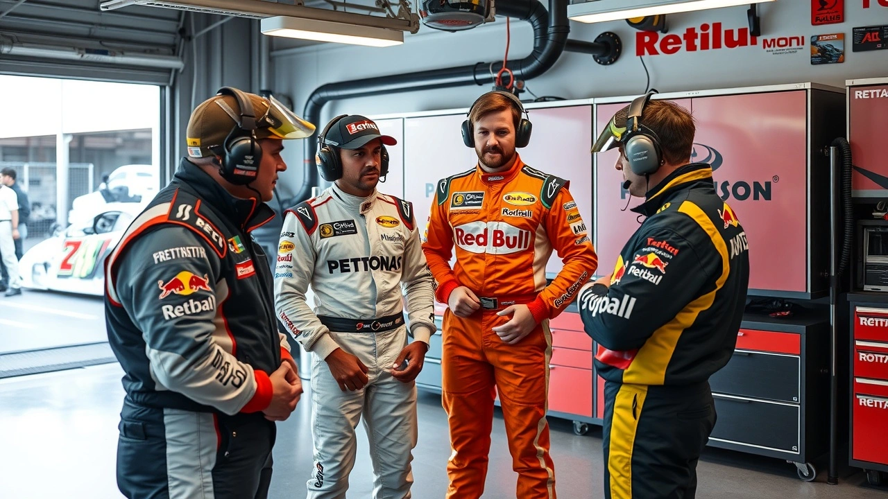 equipe de course discutant de strategies avec des pilotes