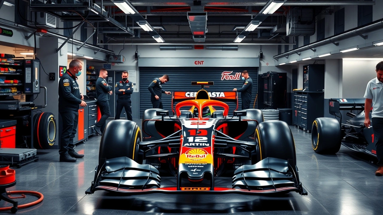 équipe de F1 travaillant dans un garage