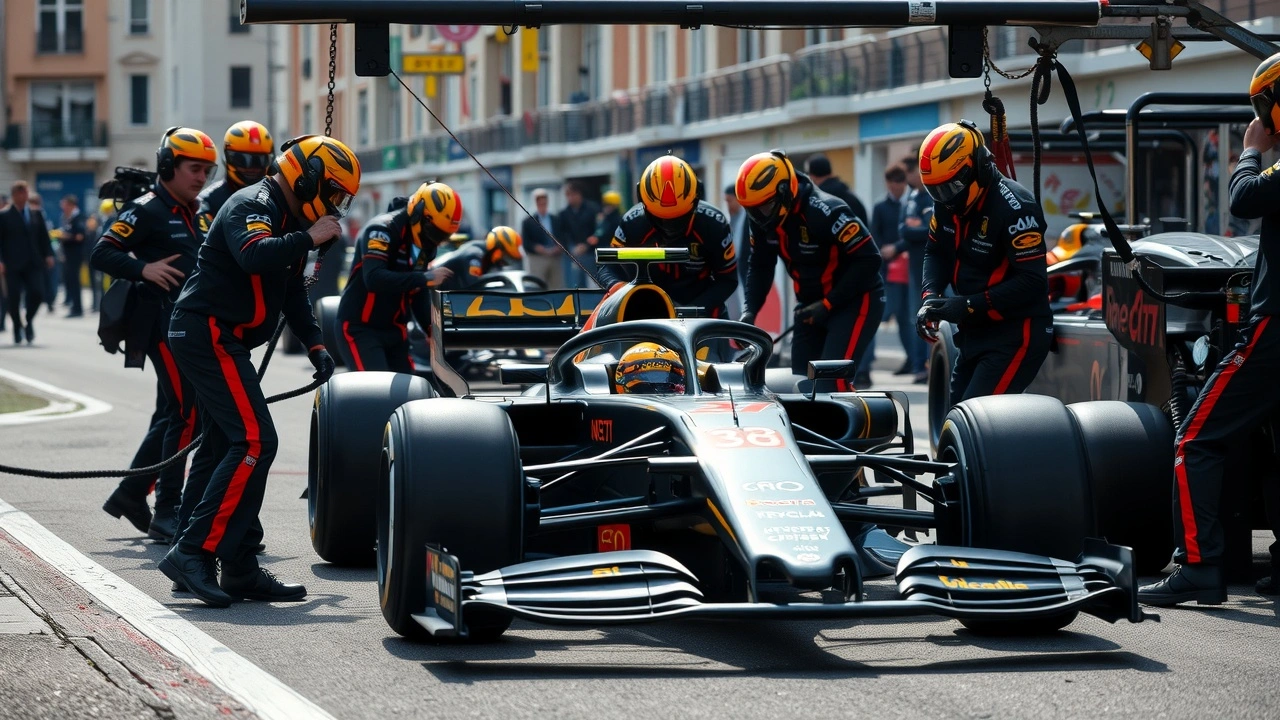 équipe de F1 travaillant sur une voiture à Monaco