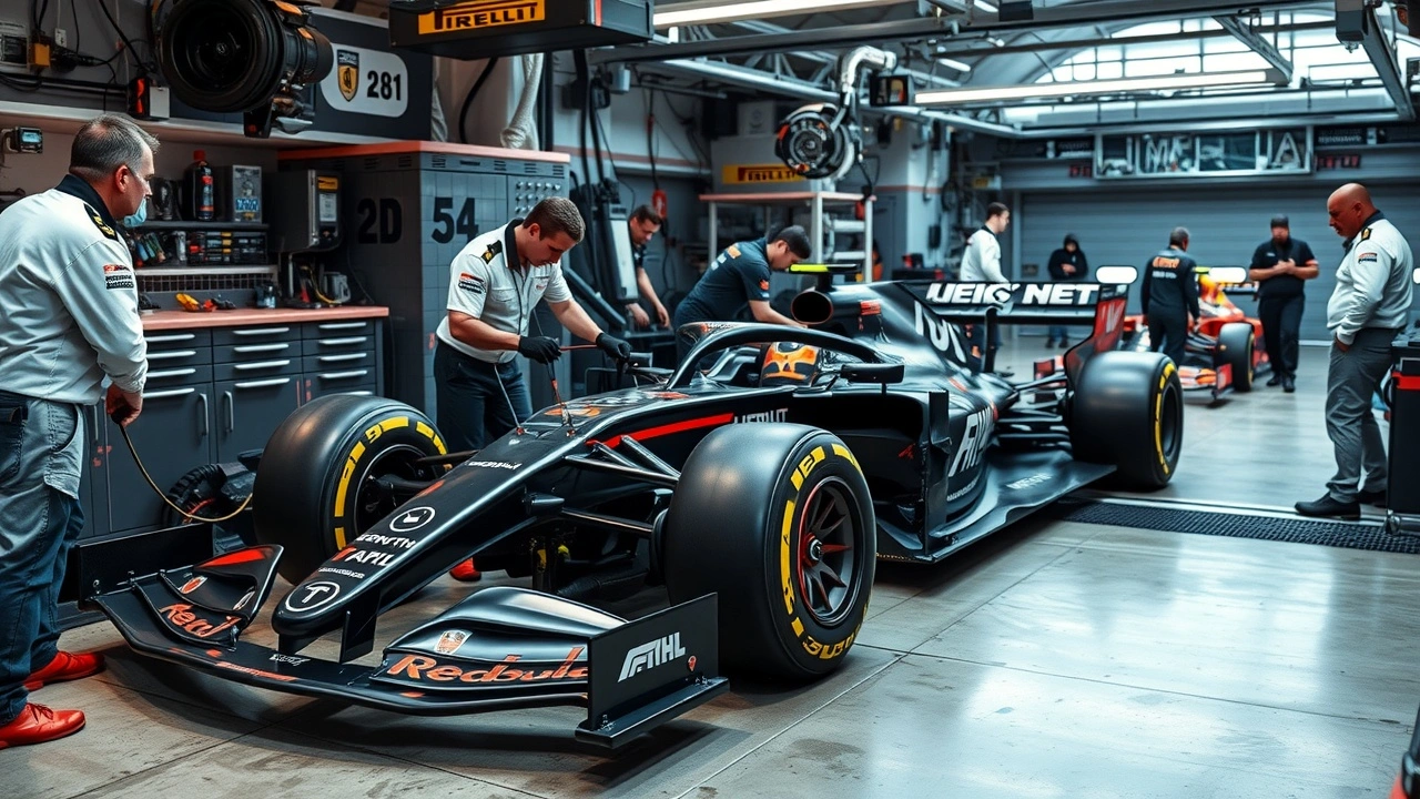 membre de l'equipe de formule 1 au travail dans le garage