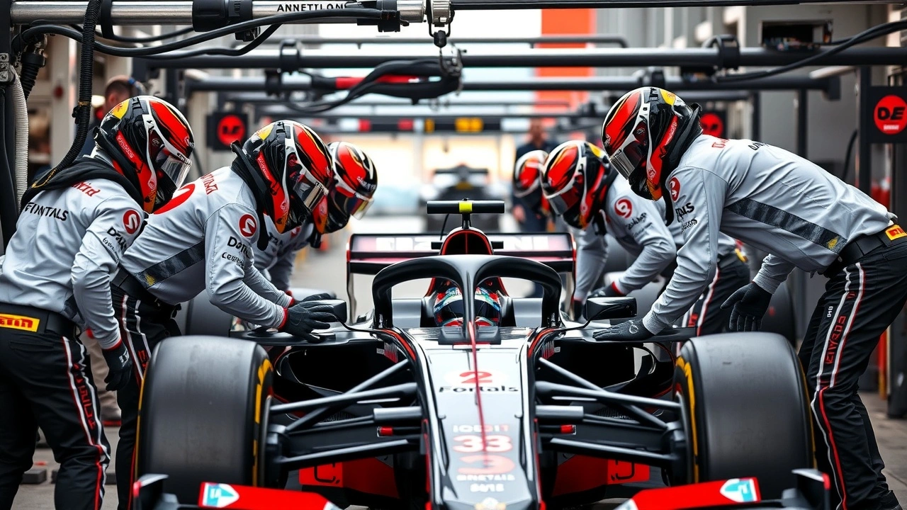 équipe de Formule 1 collaborant lors d'un pit stop
