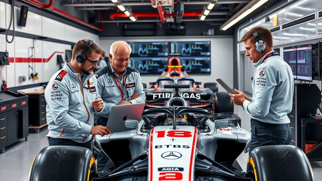 équipe de Formule 1 dans le garage avec ingénieurs