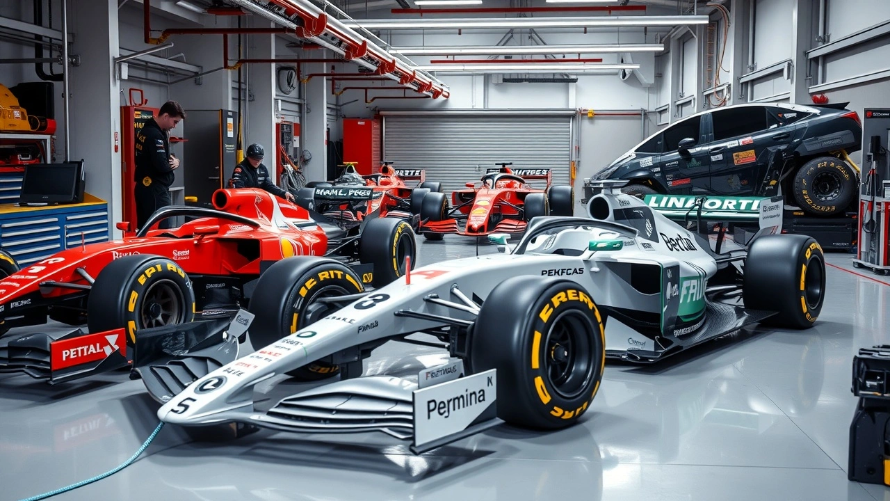 Équipe de Formule 1 travaillant sur des voitures dans un garage