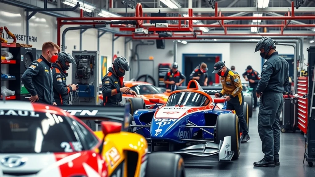 Une équipe de sport automobile en pleine collaboration dans un garage moderne.
