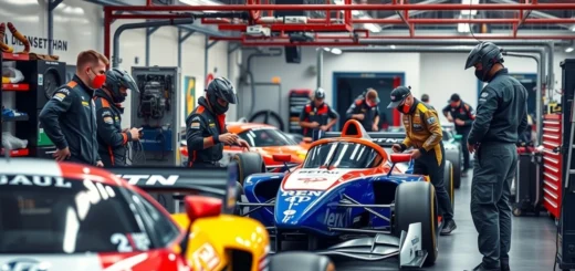 Une équipe de sport automobile en pleine collaboration dans un garage moderne.