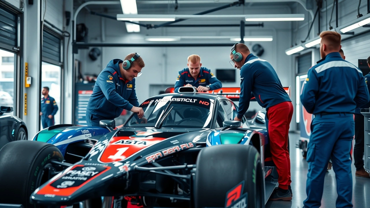 équipes automobiles collaborant sur une voiture de course