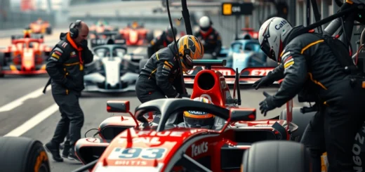 Illustration d'une équipe de Formule 1 travaillant dans les stands pendant une course.