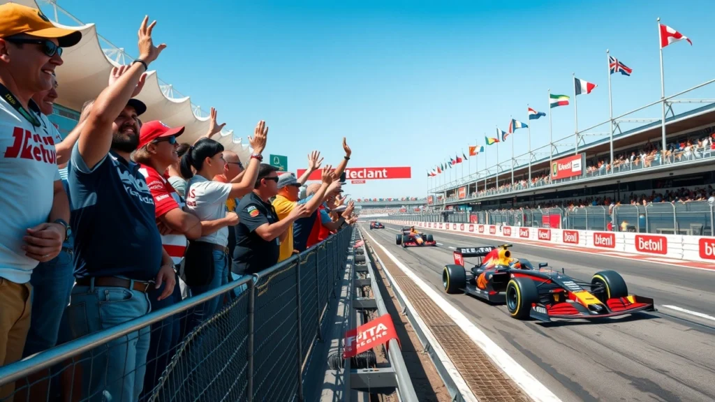 Une illustration photoréaliste des fans de Formule 1 profitant d'une journée de course, représentant la diversité et l'enthousiasme croissant pour le sport.