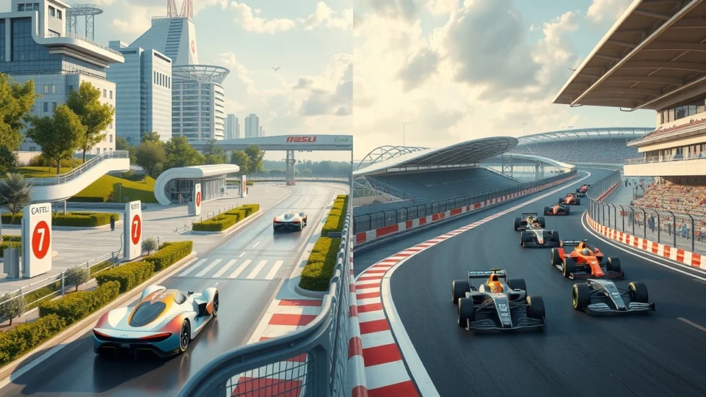 Illustration de l'évolution des infrastructures de course automobile entre la Formule E et la Formule 1, mettant en évidence l'impact environnemental.