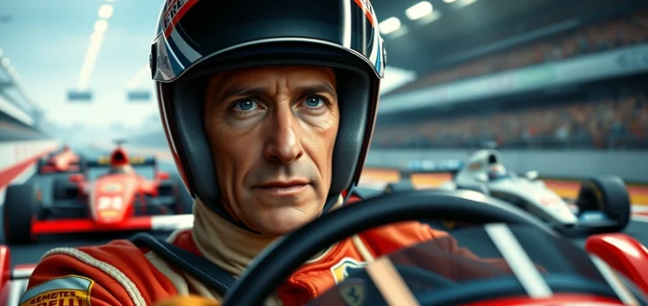 Une illustration photoréaliste d'Alain Prost en action, montrant l'évolution de son style de pilotage en Formule 1.