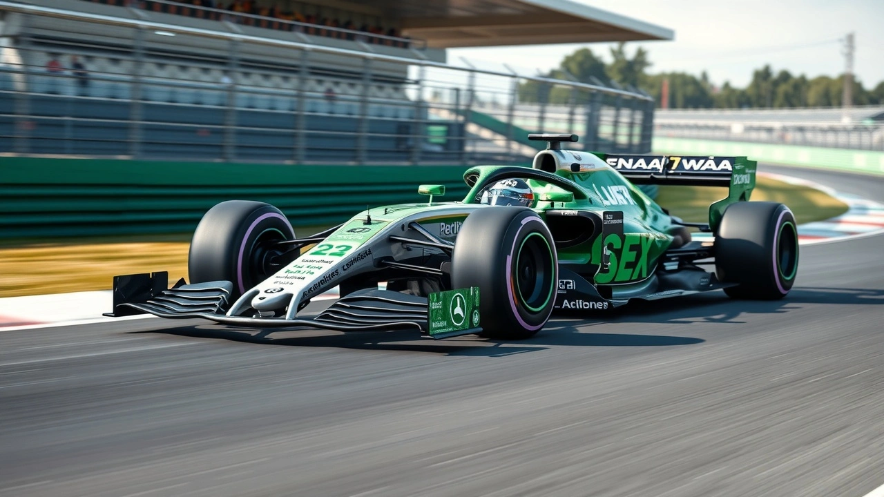 voiture de F1 moderne sur circuit avec technologies vertes