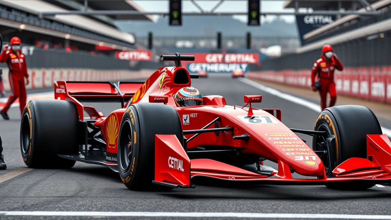 voiture de formule 1 Ferrari sur circuit avec équipe