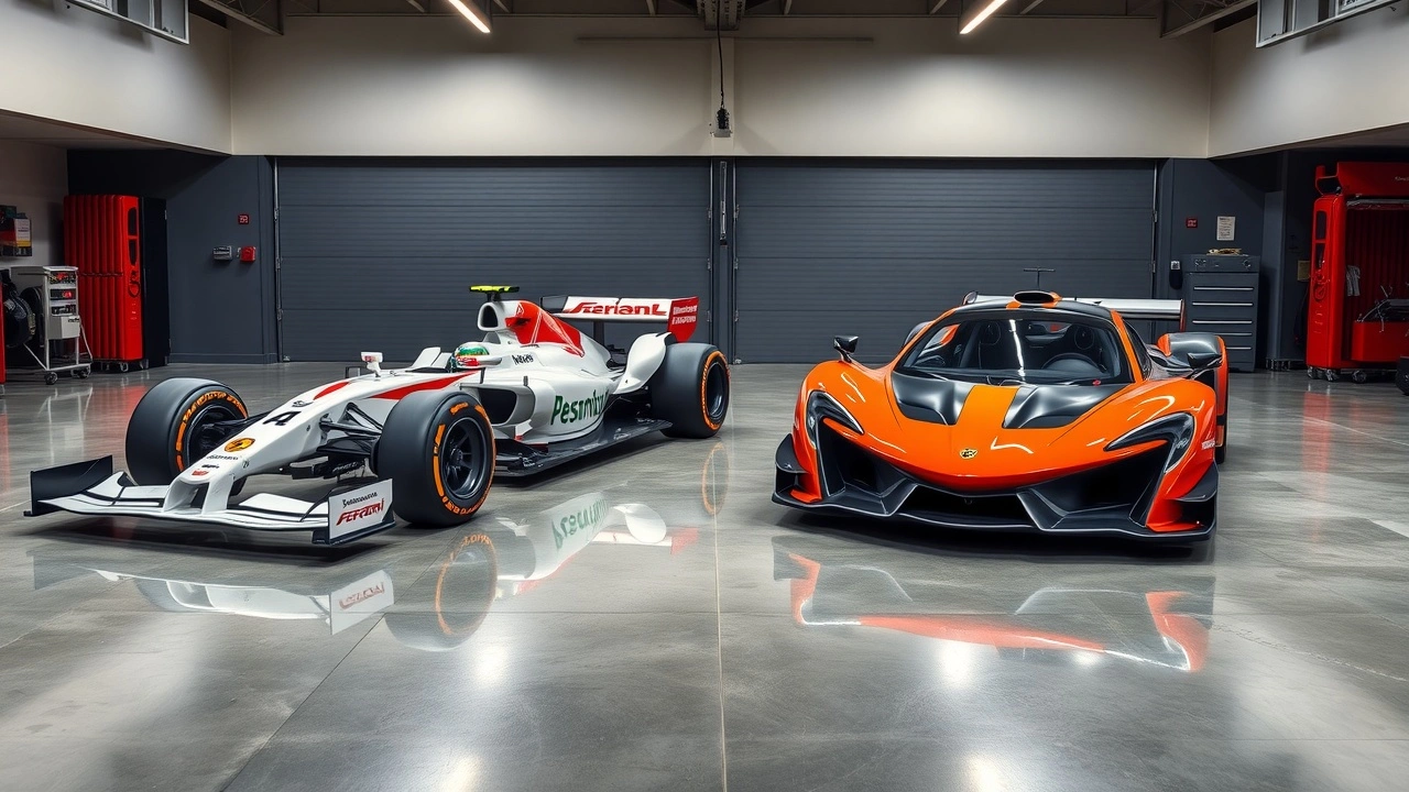 Voitures de Formule 1 Ferrari et McLaren dans un garage