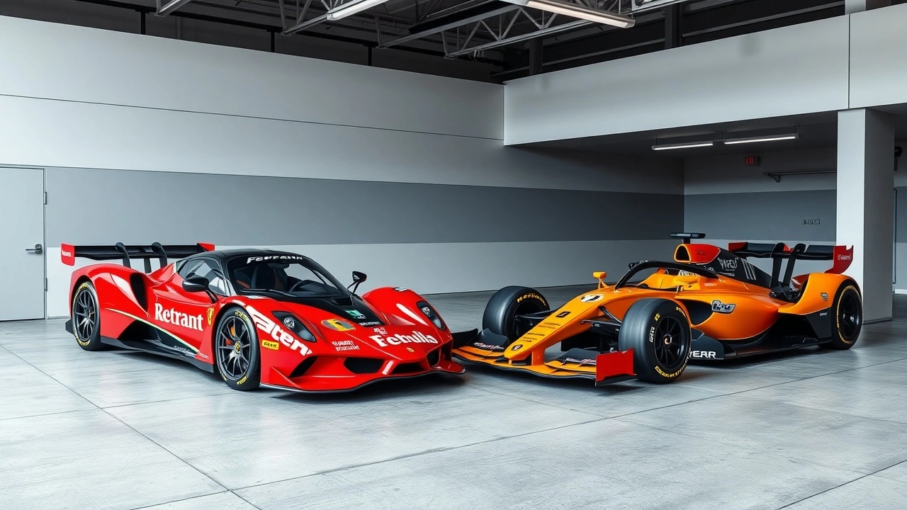 Ferrari et McLaren en garage de course moderne