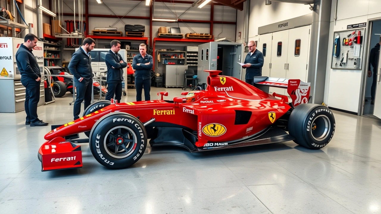 voiture Ferrari SF-25 dans un atelier avec des ingénieurs