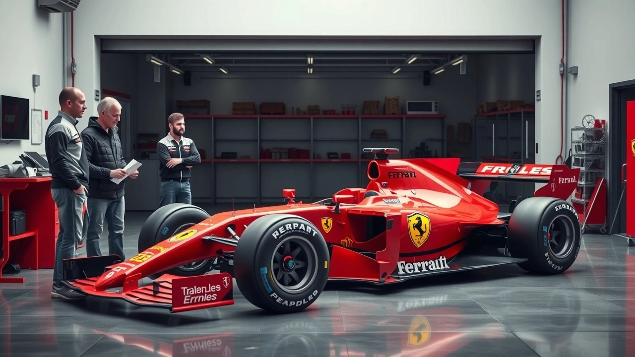 Ferrari SF-25 dans un garage avec des ingénieurs