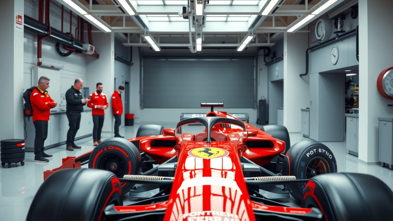 voiture de course Ferrari SF-25 dans un garage moderne