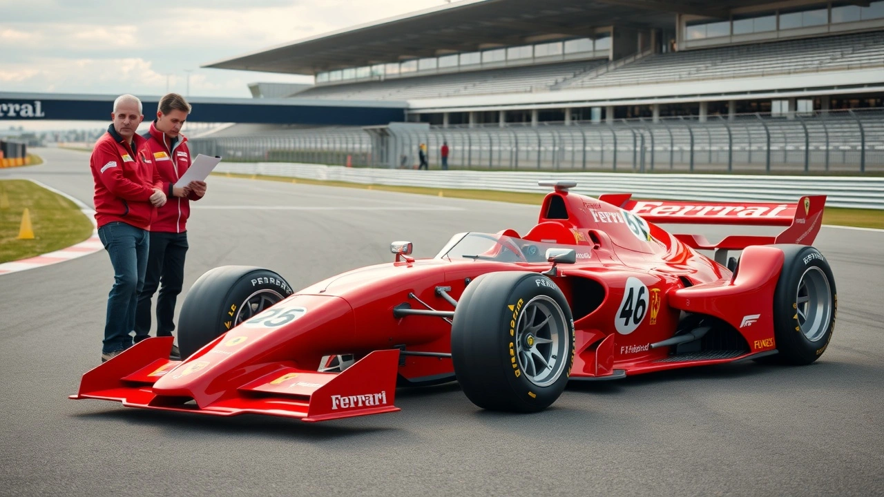 Ferrari SF-25 sur la piste avec ingénieurs planifiant