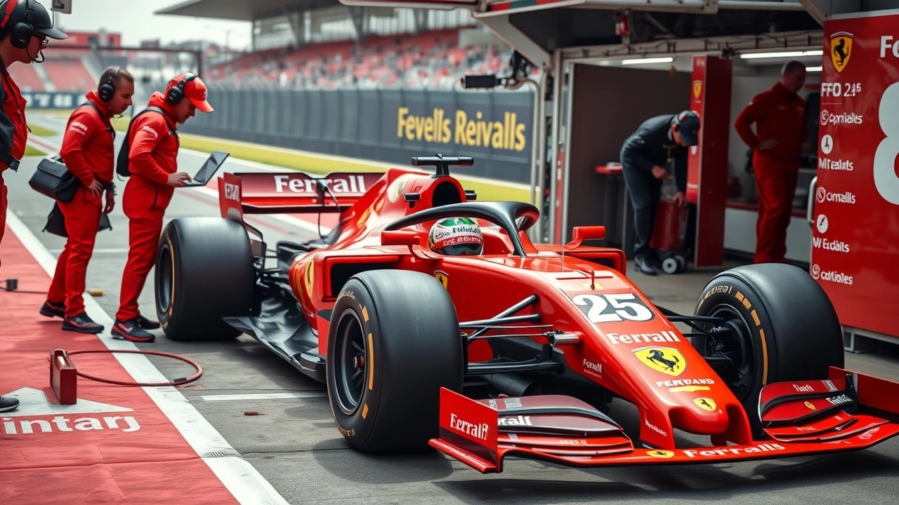 Ferrari SF-25 avec ingénieurs dans un stand
