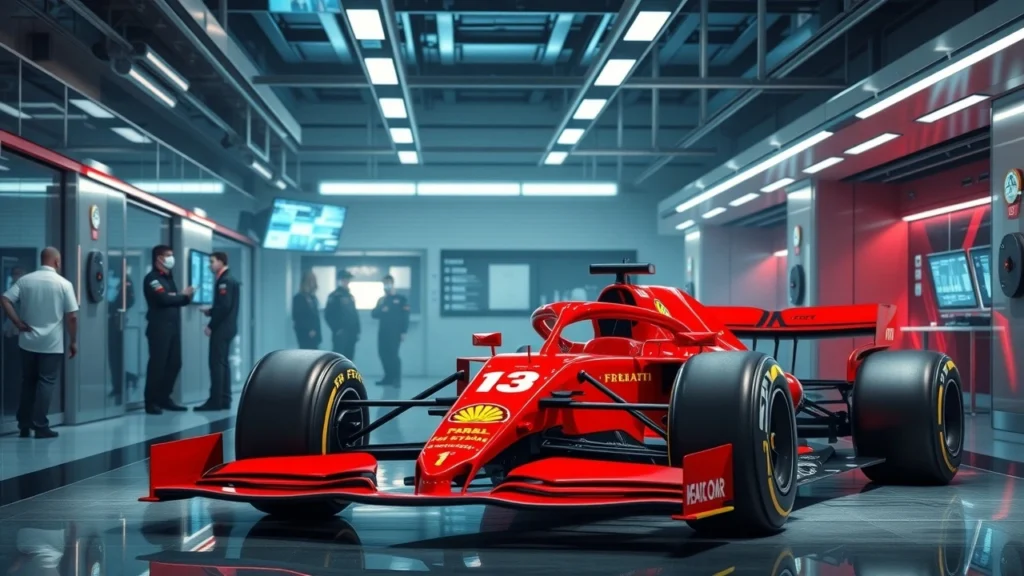 Une Ferrari de Formule 1 dans un garage moderne, avec des ingénieurs analysant la stratégie pour 2025.