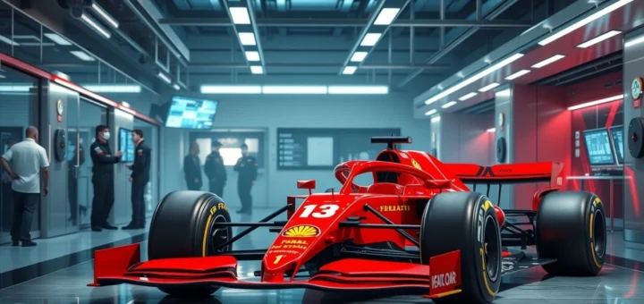 Une Ferrari de Formule 1 dans un garage moderne, avec des ingénieurs analysant la stratégie pour 2025.