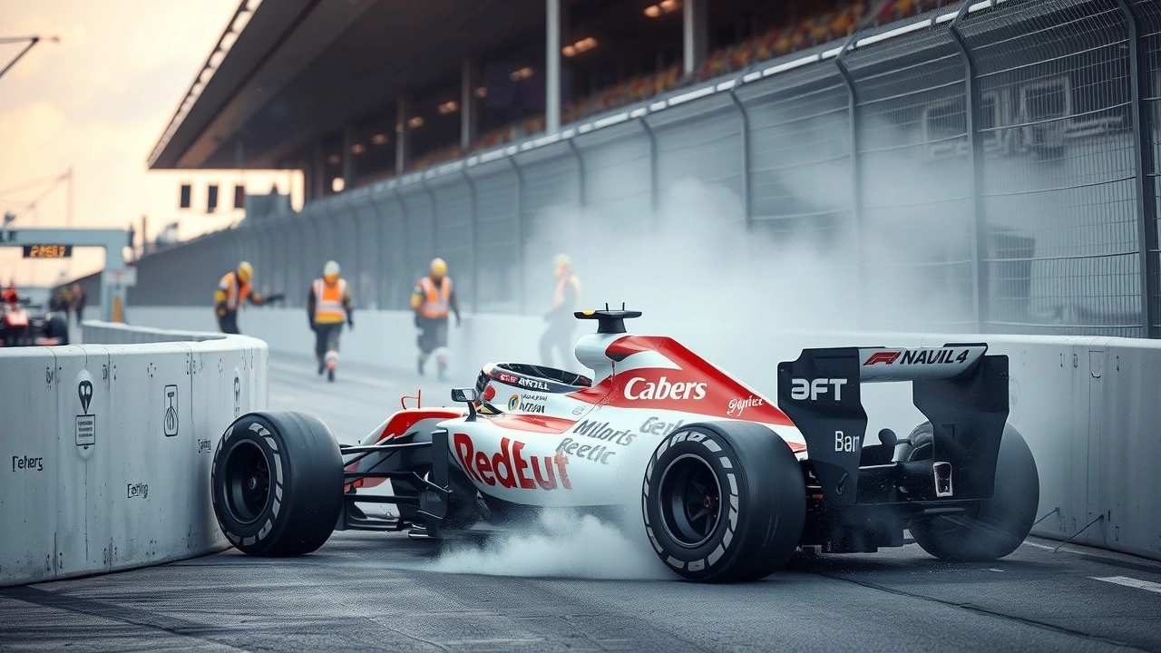 voiture de Formule 1 après un accident avec des secouristes