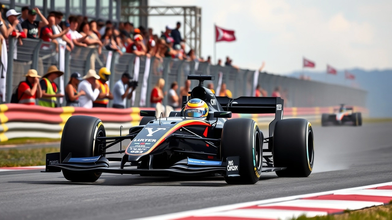 voiture de Formule 1 sur circuit avec spectateurs enthousiastes