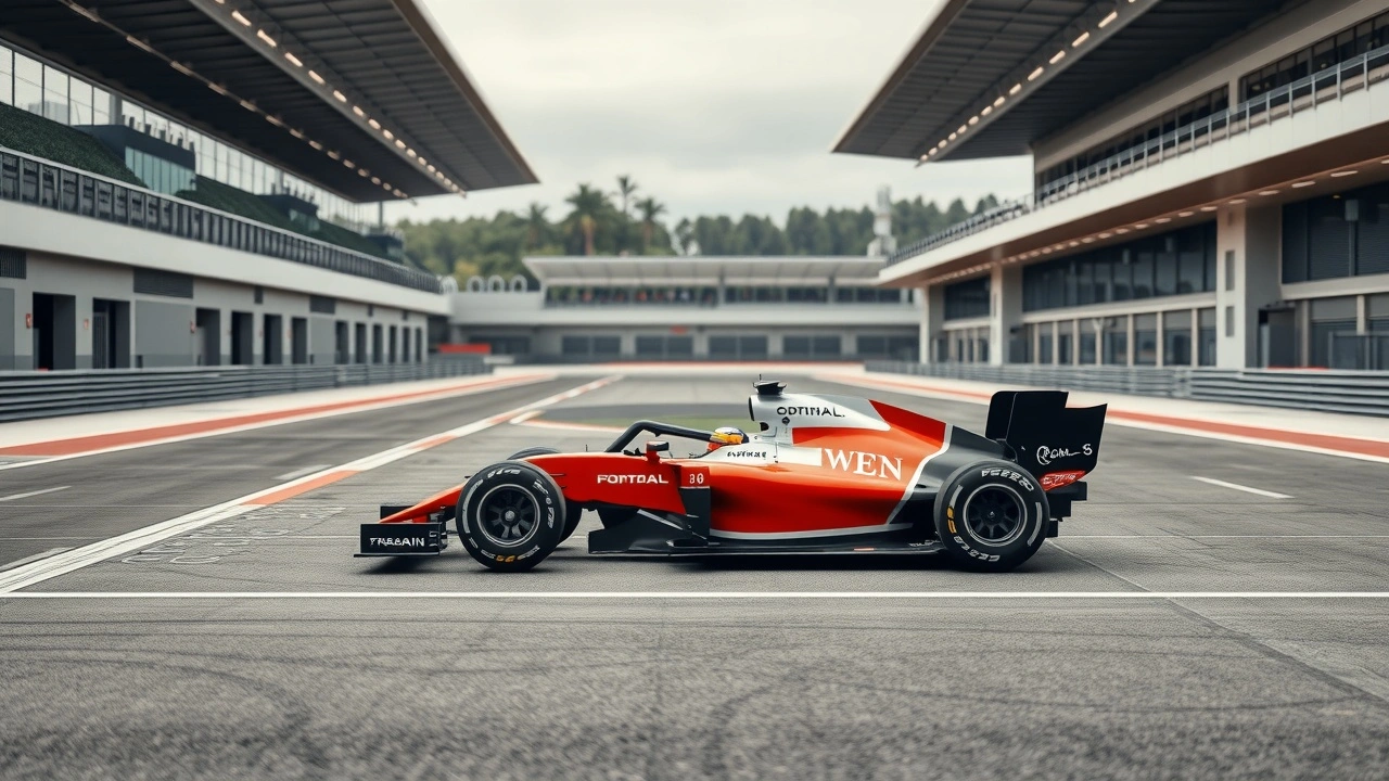 voiture de Formula 1 sur circuit avec stand vide
