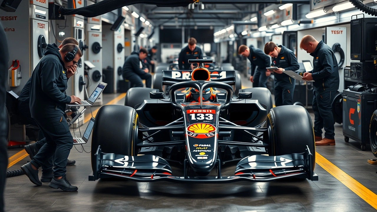 voiture de F1 au stand avec ingénieurs et ordinateurs
