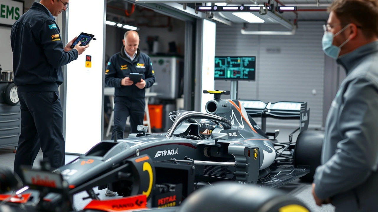 voiture de formule 1 et équipements de télémétrie avec ingénieurs