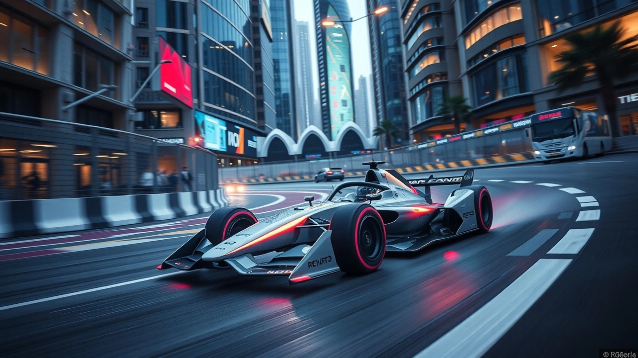 voiture de Formule E sur un circuit urbain moderne