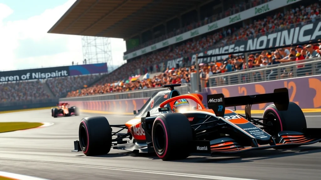 Scène de Formule 1 en 2025 avec McLaren et Oscar Piastri en tête.