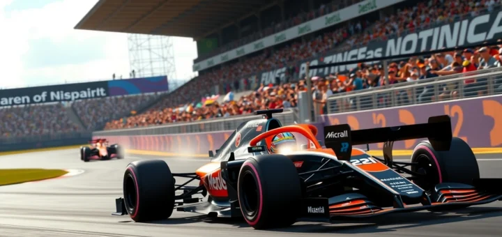 Scène de Formule 1 en 2025 avec McLaren et Oscar Piastri en tête.