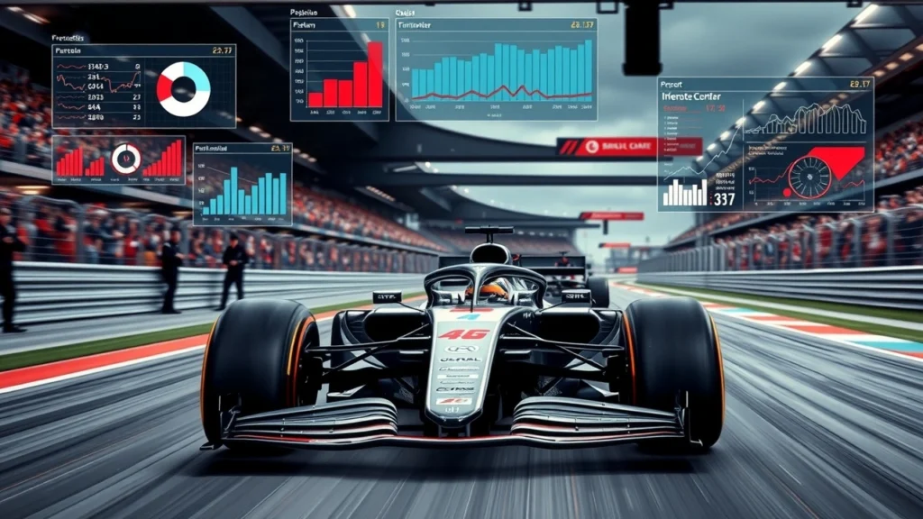 Une illustration photoréaliste d'une voiture de Formule 1 moderne avec des écrans d'analyse de données, montrant l'impact du Big Data sur les performances.