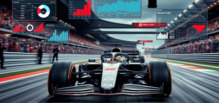 Une illustration photoréaliste d'une voiture de Formule 1 moderne avec des écrans d'analyse de données, montrant l'impact du Big Data sur les performances.