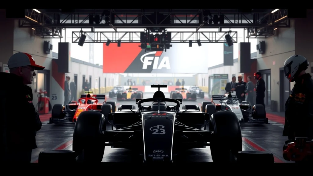 Une scène de course de Formule 1 illustrant une crise de leadership avec un podium vide.