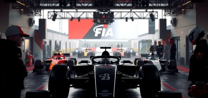 Une scène de course de Formule 1 illustrant une crise de leadership avec un podium vide.